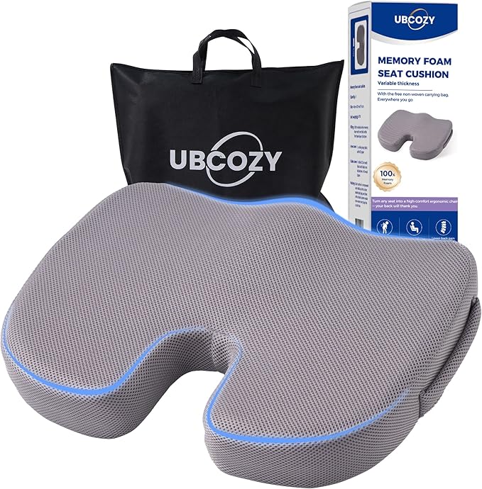 Extra Large Memory Foam Seat Cushions for Office Chairs, Car, Airplane, Wheelchair– Relieves Lumbar, Orthopedic, Sciatic, Coccyx and Back Pain – Comfortable Non-Slip – Bonus Carry Bag Included (Gray)