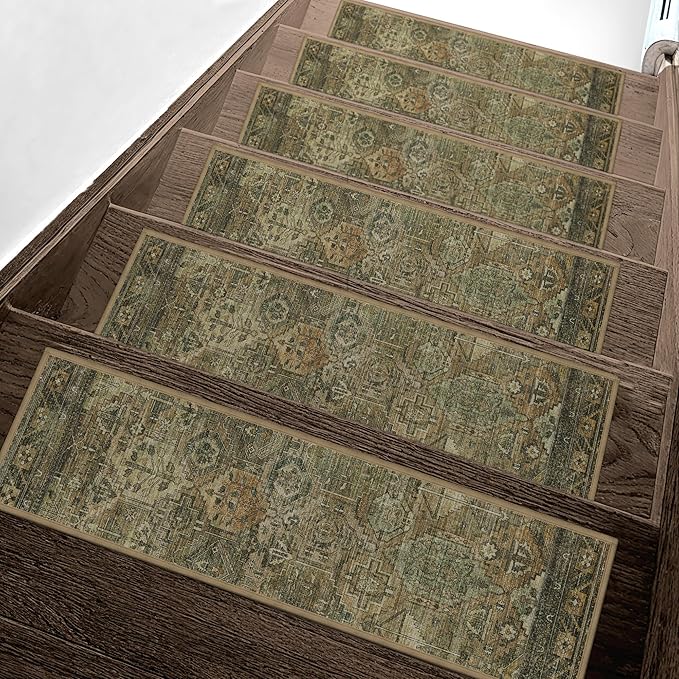 sarben Non Slip Stair Treads for Wooden Steps 15PCS - 8"x30" Indoor Safety Carpet, Edging Mats with TPE Adhesive Backing, Pet and Elderly Friendly Stair Rugs (Olive/Brown)