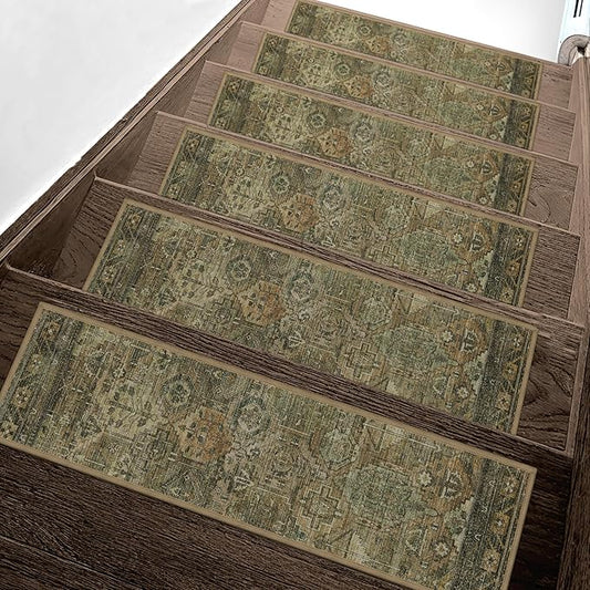 sarben Non Slip Stair Treads for Wooden Steps 15PCS - 8"x30" Indoor Safety Carpet, Edging Mats with TPE Adhesive Backing, Pet and Elderly Friendly Stair Rugs (Olive/Brown)