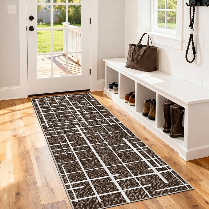 Washable Runner Rug 2x6, Brown Modern Distressed Stripe, Hallway Runner Rug Non Slip, Woven Thin No Shed Runners for Entryway, Kitchen, Laundry Room- Brown
