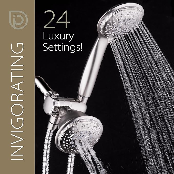 1733 Handheld Showerhead & Rain Shower Combo. High Pressure 24 Function 4" Face Dual 2 in 1 Shower Head System with Stainless Steel Hose, Patented 3-way Water Diverter in Nickel Finish