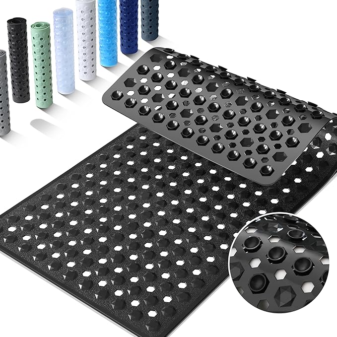Yimobra Bathtub Mat Non Slip, 27.5"x15.5" Machine Washable Shower Floor Mat, Soft on Feet, Bathmat with Drain Holes and Suction Cups, Bathroom Essentials, Black
