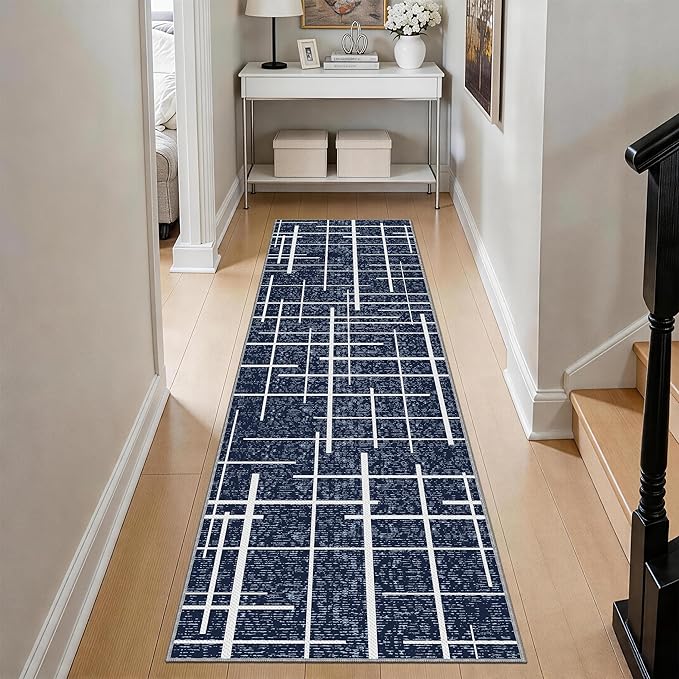 Non Slip Hallway Runner Rug 2x8,Modern Distressed Stripe, Washable Long Rug, Woven Thin Low Pile Carpet Runners for Hallway 10ft Entryway, Kitchen, Walkway- Blue