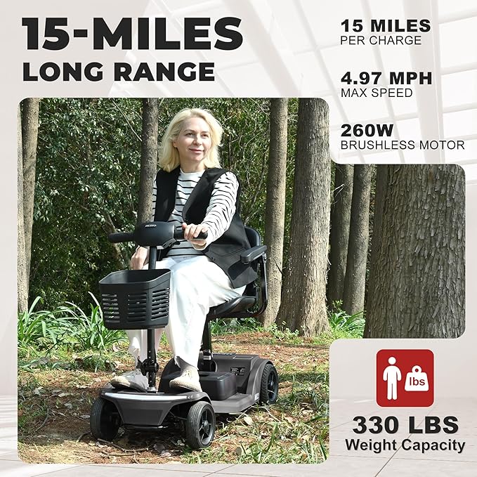 Metro Mobility 4 Wheel Powered Mobility Scooters, 330 lbs Capacity Mobility Scooters for Adults, Folding Mobility Scooter Lightweight, Electric Scooters for Seniors 15 Miles Range LED Light Black