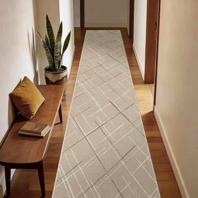 Kitchen Rugs Ultra Non-Slip 2.6x12 Washable Runner Rug Modern Tear and Stain Resistance No Pile Lightweight Runners for Entryway, Hallway, Walkway, Bedside, Entrance, Beige