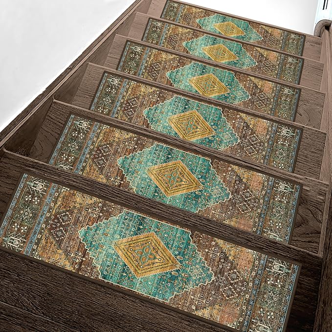 sarben Non Slip Stair Treads for Wooden Steps 15PCS - 8"x30" Indoor Safety Carpet, Edging Mats with TPE Adhesive Backing, Pet and Elderly Friendly Stair Rugs (Amber&Cyan)