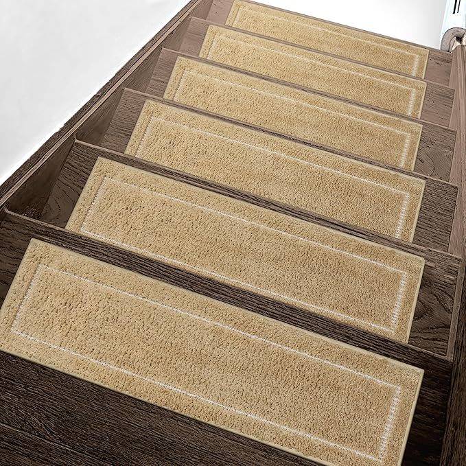 Non Slip Microfiber Stair Treads for Wooden Steps, 15PCS 8"x30" Indoor Safety Carpet, 3D Cut & Loop Tufted Edging Mats with TPE Adhesive Backing, Pet & Elderly Friendly Stair Rugs (Tan Border)