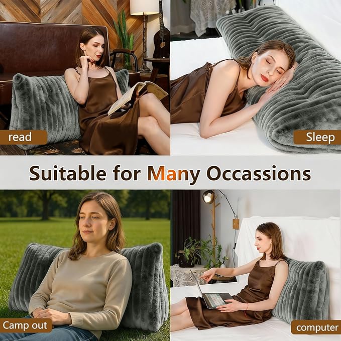 Luxury Faux Fur Headboard Pillow King Size - Large Triangular Wedge Cushion for Bed & Sofa, Fluffy Reading Backrest Bolster with Detachable Neck Roll, Washable Cover & Side Pocket, Ivory