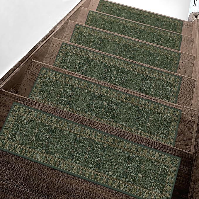 Non Slip Stair Treads for Wooden Steps 15PCS - 8"x30" Indoor Safety Carpet, Edging Mats with TPE Adhesive Backing, Pet and Elderly Friendly Stair Rugs (Dark Green/Multi)