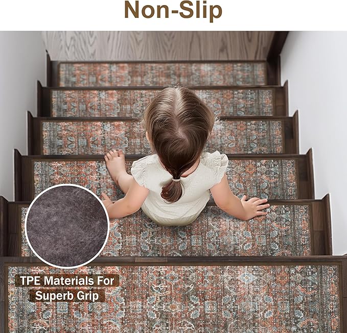 sarben Carpet Stair Treads Non Slip 4PCS, 8" X 30" Edging Stair Runner for Wooden Steps Indoor, Resistant Stair Rug with Reusable TPE Adhesive Backing, Residue Free Mat for Elders, Pets, Terracotta