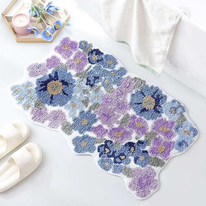 TRUEDAYS Wildflower Floral Bathroom Rug - Cute Tufted Non Slip Soft Flower Shaped Bath Mat, Washable Farmhouse & Cottagecore Bathroom Decor - Aesthetic Purple Rug for Vanity, Tub, Entryway