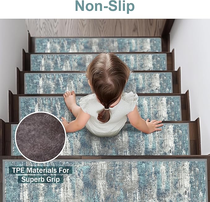 sarben Carpet Stair Treads Non Slip 15PCS, 8" X 30" Edging Stair Runner for Wooden Steps Indoor, Resistant Stair Rugs with Reusable TPE Adhesive Backing, Residue Free Mat for Kids, Elders, Pets, Teal