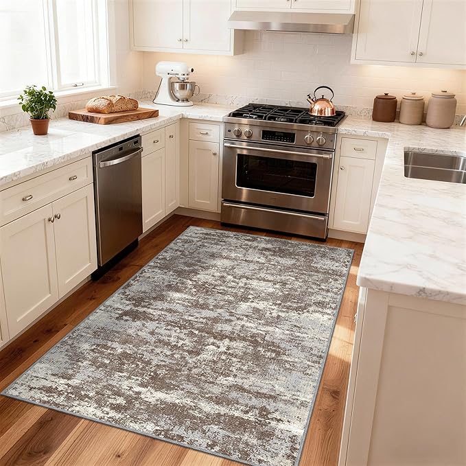 3x5 Area Rug Washable Entryway Rug Non Slip Abstract High-Stain Resistance No Pile Lightweight Throw Rugs Carpet for Kitchen, Entrance, Foyer, Bedside, Mudroom- Deep Brown
