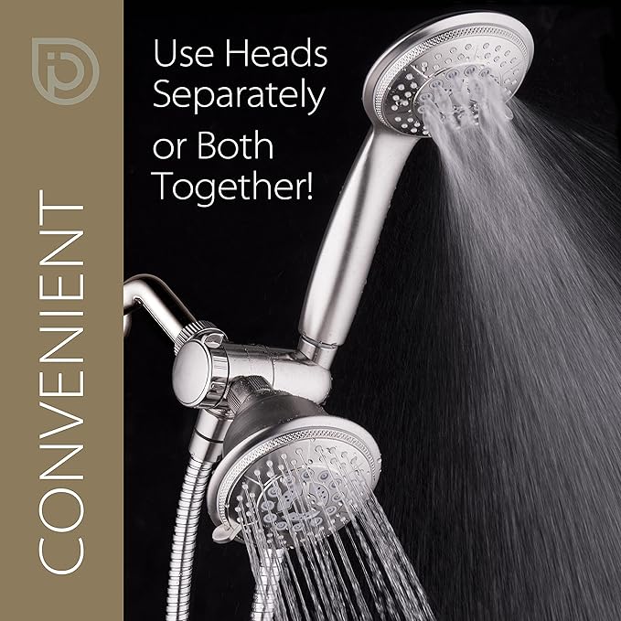 For California High Pressure 24-setting Handheld & Rain Shower Head Combo, Stainless Steel Hose, 3-way Water Diverter - Nickel Finish