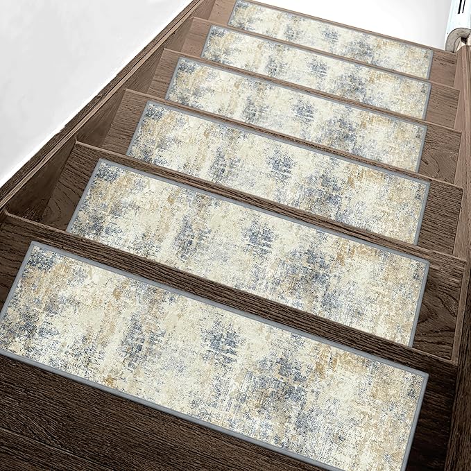 sarben Carpet Stair Treads Non Slip 15PCS, 8" X 30" Edging Stair Runner for Wooden Steps Indoor, Resistant Stair Rugs with Reusable TPE Adhesive Backing, Residue Mat for Elders, Pets, Ivory/Denim