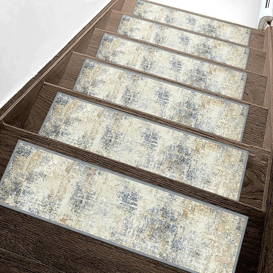 sarben Carpet Stair Treads Non Slip 15PCS, 8" X 30" Edging Stair Runner for Wooden Steps Indoor, Resistant Stair Rugs with Reusable TPE Adhesive Backing, Residue Mat for Elders, Pets, Ivory/Denim
