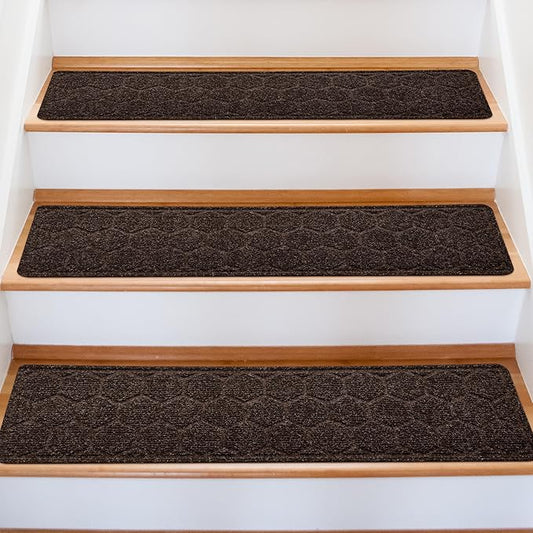 15 Pack 8 "X 30" Non-Slip Carpet Stair Treads for Indoor Wooden Steps, Made of Polyester and Reusable Adhesive, Suitable for Kids Elders and Pets（Brown Hexagon）