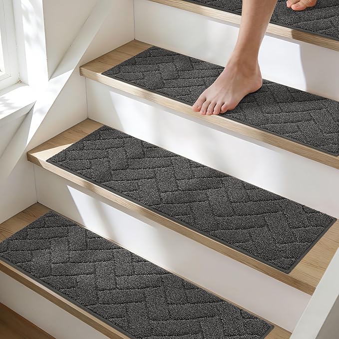 BEQHAUSE Edging Stair Treads for Wooden Steps 9" x 28", Non Slip Carpet Stair Treads Indoor Stair Runners, Soft Stair Rugs, Machine Washable, 100% Polyester, TPE Backing, 4pcs, Charcoal