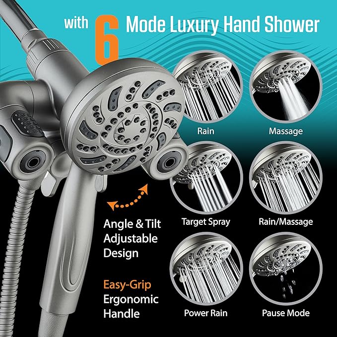 Aquadance High Pressure 156 Setting 14 Zone Shower Head & Handheld 3-way Combo System - Magnetic Docking, 314 Power Jets, Dual Adjustable Arms, 6 ft. Metal Hose, Graphite Finish, Top American Brand