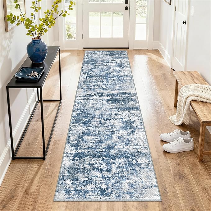 Abstract Washable Runner Rug 2x6, Blue Non-Slip Hallway Rug, Woven Non-Shedding Thin Runners for Entryway, Kitchen, Laundry Room
