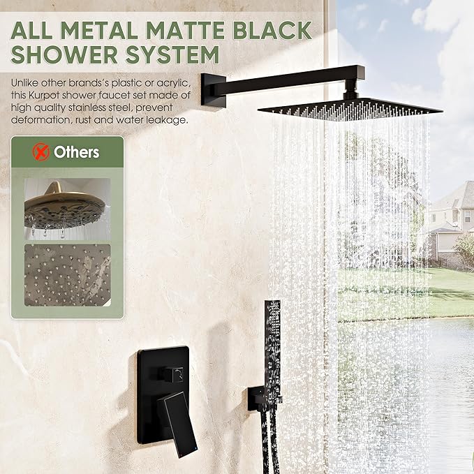 Kurpot Black Shower System, Wall Mounted Shower Faucet Set with Valve, 10-Inch Rainfall Shower Head with Handheld Combo Spray, 59'' Long Shower Hose and Shower Trim Kit, Matte Black