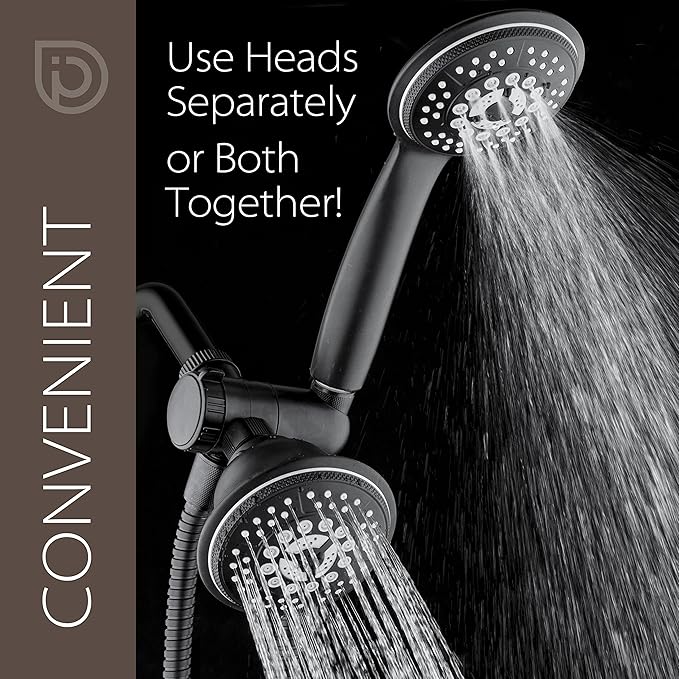 1763 Handheld Showerhead & Rain Shower Combo. High Pressure 24 Function 4" Face Dual 2 in 1 Shower Head System with Stainless Steel Hose, Patented 3-way Water Diverter in Matte Black