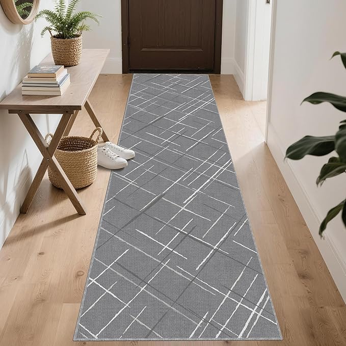 Gray Runner Rug Ultra Non-Slip 2x10 Long Hallway Rugs Washable Modern Tear and Stain Resistance No Pile Lightweight Modern Rug Runners for Entryway, Kitchen, Walkway, Entrance, Gray