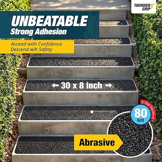 Thunder Grip Outdoor Stair Treads Non Slip 30" x 8" - 12-Pack Weather Resistant Exterior Grip Tape for Wooden Steps - Anti Skid Strips - Waterproof 80-Grit Adhesive Treads