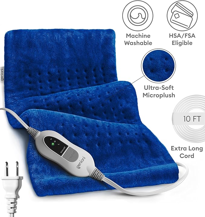 GENIANI Electric Heating Pad for Back Pain & Cramps Relief, Electric Throw, Auto Shut Off, Machine Washable, Moist Heat Pad for Neck & Shoulder, 12x24 Space Blue