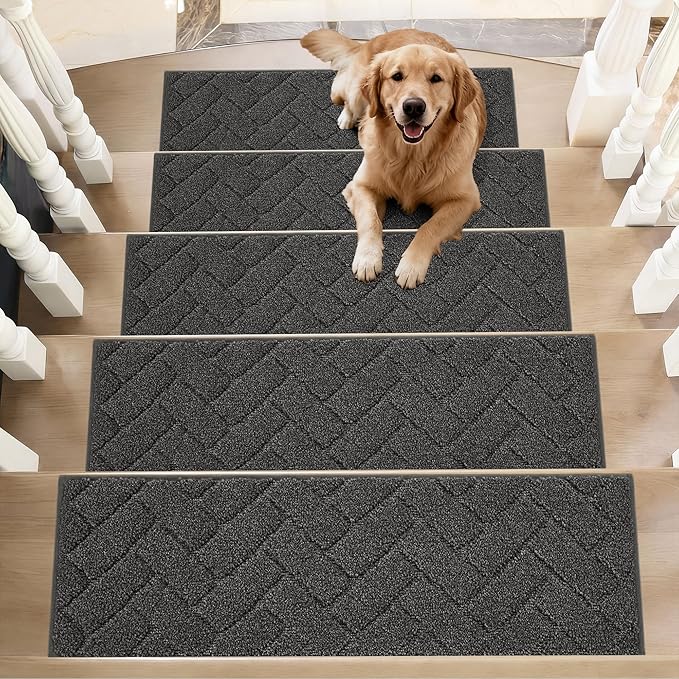 BEQHAUSE Edging Stair Treads for Wooden Steps 9" x 28", Non Slip Carpet Stair Treads Indoor Stair Runners, Soft Stair Rugs, Machine Washable, 100% Polyester, TPE Backing, 15pcs, Charcoal