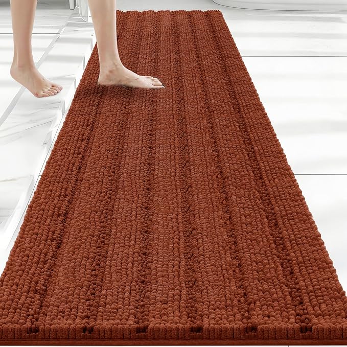 Bcoimo Long Bathroom Rug, Chenille Bath Runner with High Low Pile Design, Soft Absorbent Non Slip Bath Mat, Machine Washable Quick Dry Rug for Shower, Tub, Sink and Vanity