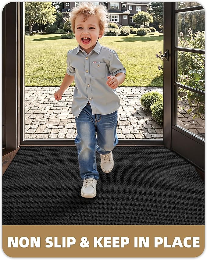 Color&Geometry Thin Door Mat Indoor Entrance Non Slip Rubber Backed, 17''x30'' Indoor Door Mats for Entryway, Dirt Trapper Doormat Washable Front Door Rugs, Ebony Black