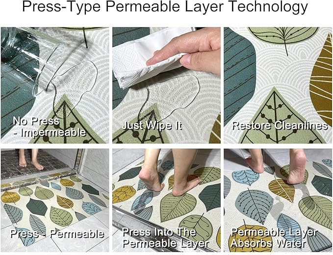 1/10 Inch Ultra Thin 24"×35" Large Front Door Mat Indoor Entrance Inside Non Slip, Waterproof Rubber Kitchen Mat and Interior Home Washable Door Mat, Multi Leaves