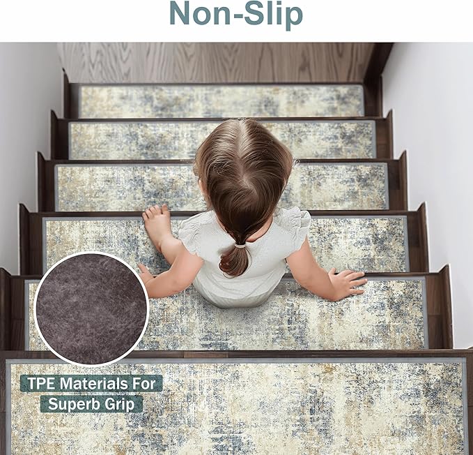 sarben Carpet Stair Treads Non Slip 15PCS, 8" X 30" Edging Stair Runner for Wooden Steps Indoor, Resistant Stair Rugs with Reusable TPE Adhesive Backing, Residue Mat for Elders, Pets, Ivory/Denim