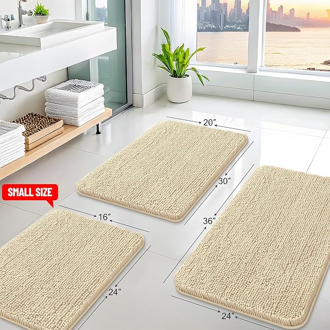 Arotive Bathroom Rugs 47x17, Extra Soft Absorbent Shaggy Chenille Bath Rugs, Machine Washable Rubber Backing Non-Slip Bath Mats for Bathroom Floor Tub and Shower, Home Decor Accessories, Beige