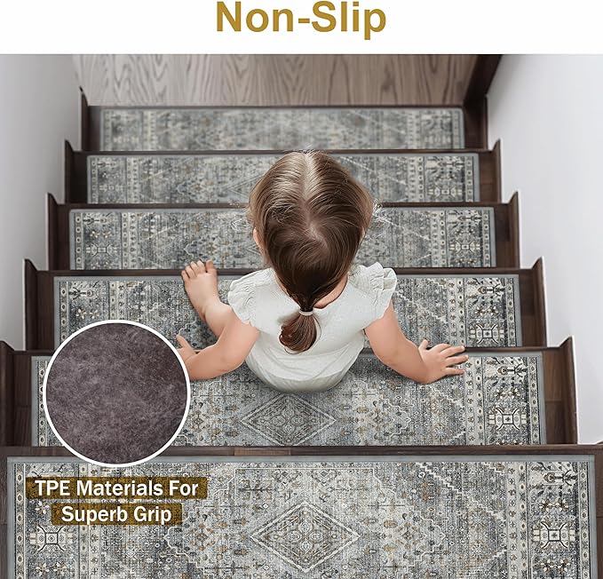 sarben Non Slip Stair Treads for Wooden Steps 15PCS - 8"x30" Indoor Safety Carpet, Edging Mats with TPE Adhesive Backing, Pet and Elderly Friendly Stair Rugs (Charcoal&Gray)