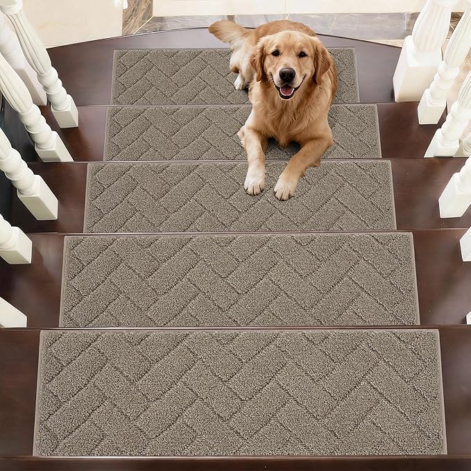 BEQHAUSE Edging Stair Treads for Wooden Steps 9" x 28", Non Slip Carpet Stair Treads Indoor Stair Runners, Soft Stair Rugs, Machine Washable, 100% Polyester, TPE Backing, 4pcs, Beige