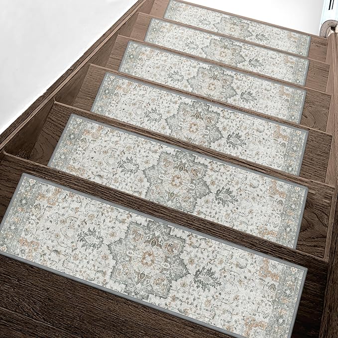 sarben Non Slip Stair Treads for Wooden Steps 15PCS - 8"x30" Indoor Safety Carpet, Edging Mats with TPE Adhesive Backing, Pet and Elderly Friendly Stair Rugs (Taupe)