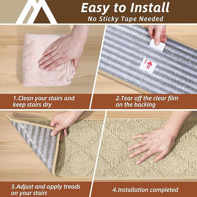 COSY HOMEER Stair Treads for Wooden Steps 9"x28",Washable Non Slip Peel and Stick Carpet Stair Treads with Reusable Residue Free Backing Soft Pet Friendly Stair Runner for Kids Elders,Warm Beige,7pcs
