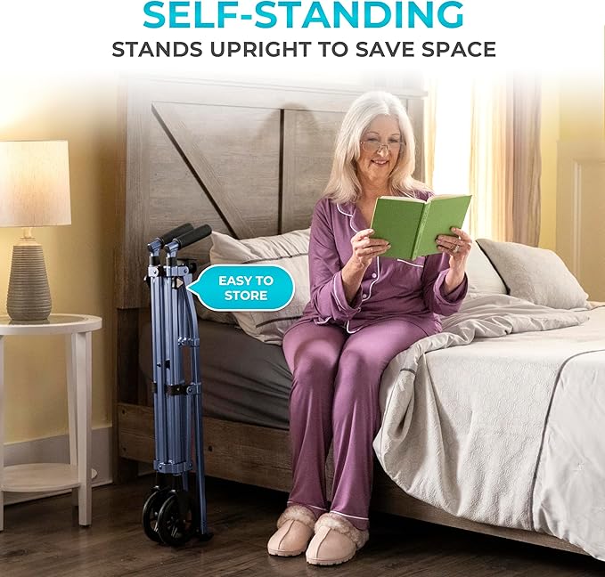Stander Space Saver Walker, Lightweight Folding Rolling Mobility Aid for Seniors & Adults, Compact 2-Wheel Disability Device with 6-inch Wheels & Ski Glides for Walking Support, Cobalt Blue