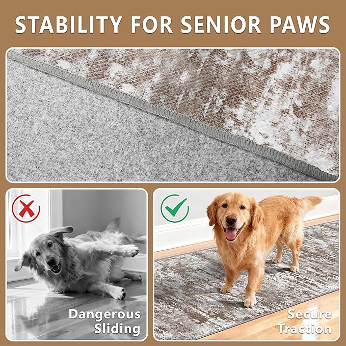 Non Slip Floor Runners for Dogs 2.6x14 Washable Runner Rug Abstract, Joint Support for Senior Dogs, Woven, Extra Grip Traction Runners for Hallway, Entryway, Walkway- Brown