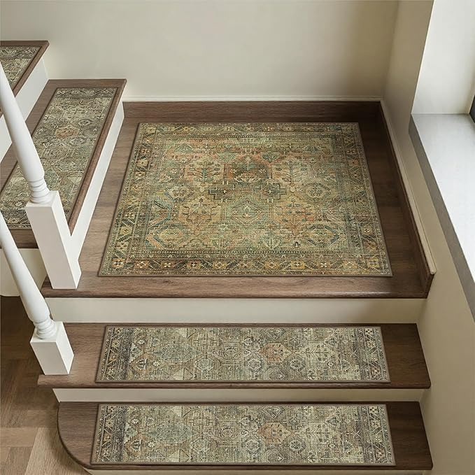 sarben Carpet Stair Treads Non Slip 1PCS, 30" X 30"Edging Stair Runner for Wooden Steps Indoor, Resistant Stair Rugs with Reusable TPE Adhesive Backing, Residue Free Mat for Kids,Pets,Vintage Sage