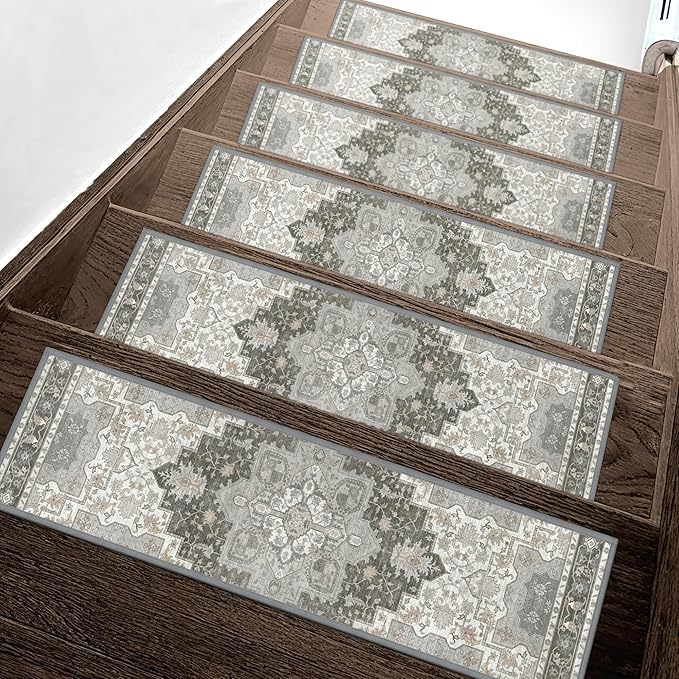 Non Slip Stair Treads for Wooden Steps 15PCS - 8"x30" Indoor Safety Carpet, Edging Mats with TPE Adhesive Backing, Pet and Elderly Friendly Stair Rugs (Tawny Grey)