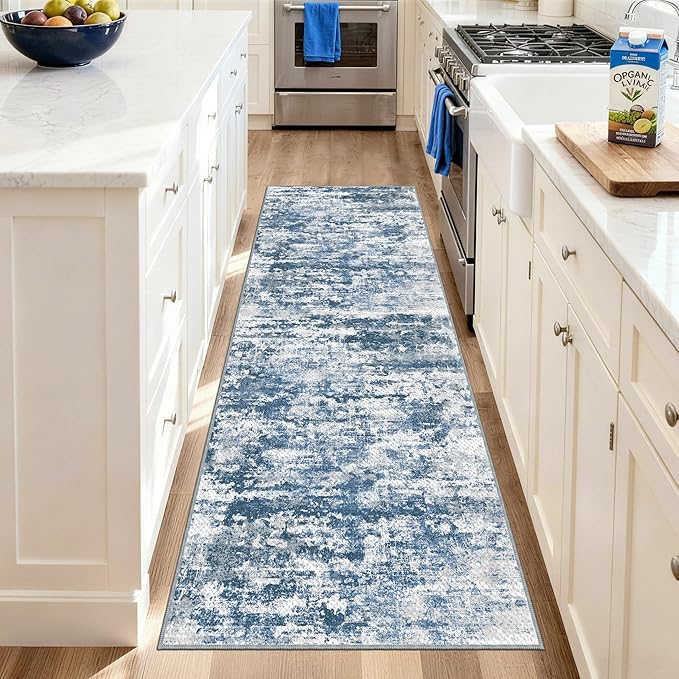 Abstract Washable Runner Rug 2x6, Blue Non-Slip Hallway Rug, Woven Non-Shedding Thin Runners for Entryway, Kitchen, Laundry Room