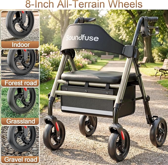 SOUNDFUSE Walkers for Seniors, Rollator Walker with Seat, 8" All Terrain Wheels, Double Support Bar, 16" Ergonomic Arc Seat and Comfortable Backrest, Dual Height Adjustable and Foldable Design