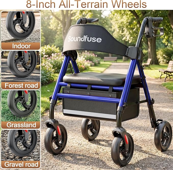 SOUNDFUSE Walkers for Seniors, Rollator Walker with Seat, 8" All Terrain Wheels, Double Support Bar, 16" Ergonomic Arc Seat and Comfortable Backrest, Dual Height Adjustable and Foldable Design