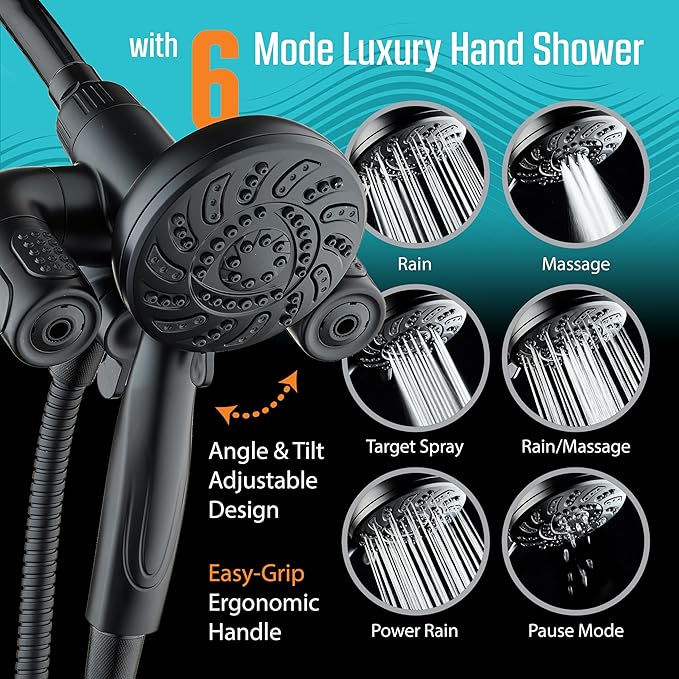 Aquadance High Pressure 156 Setting 14 Zone Shower Head & Handheld 3-way Combo System - Magnetic Docking, 314 Power Jets, Dual Adjustable Arms, 6 ft. Metal Hose, Matte Black Finish, Top American Brand