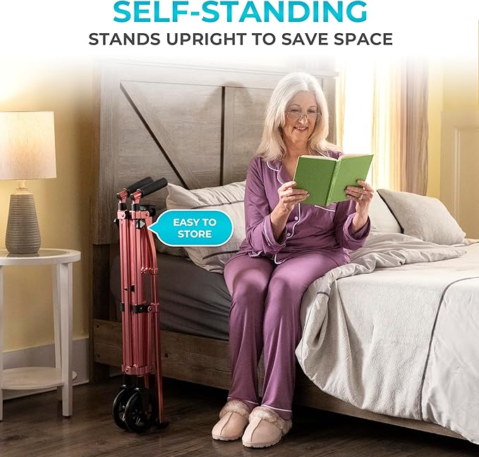 Stander Space Saver Walker, Lightweight Folding Rolling Mobility Aid for Seniors & Adults, Compact 2-Wheel Disability Device with 6-inch Wheels & Ski Glides for Walking Support, Regal Rose
