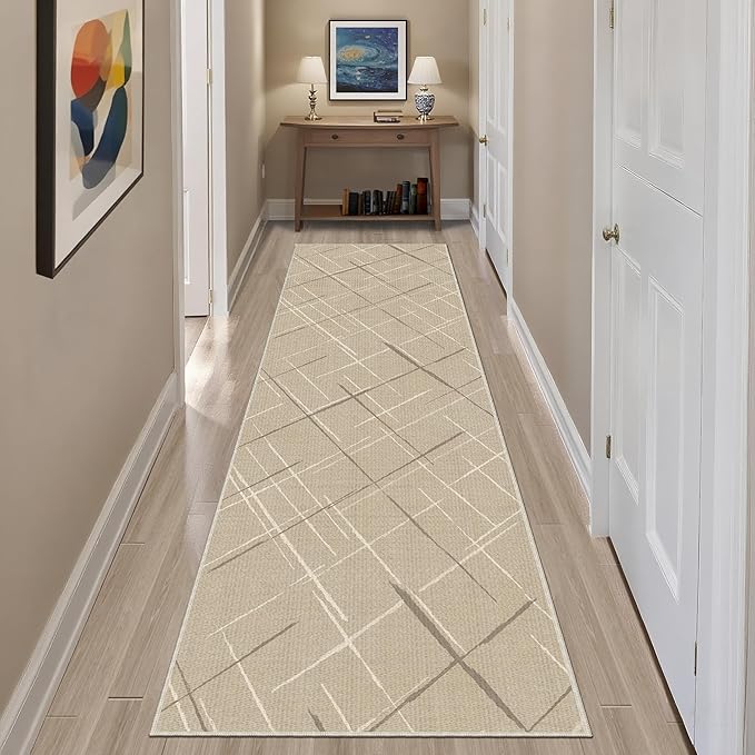 Beige Runner Rug Ultra Non-Slip 2x8 Washable Entryway Rug Modern Tear and Stain Resistance No Pile Hand-Woven Style Lightweight Runners for Hallways, Kitchen, Laundry Room, Bedside, Beige
