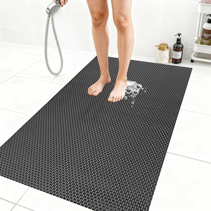 Extra Large Non-Slip Shower Mat, Fast-Dry PVC Bath Stall & Tub Mat, Drain-Hole Design,for Shower Stall Tub for Elderly/Kids，Non Slip Bathroom Safety Accessory，Black 32"x58"